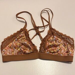 Aerie Lace Bralette Retro Floral Rust Brown Criss-cross back Straps Size Small
